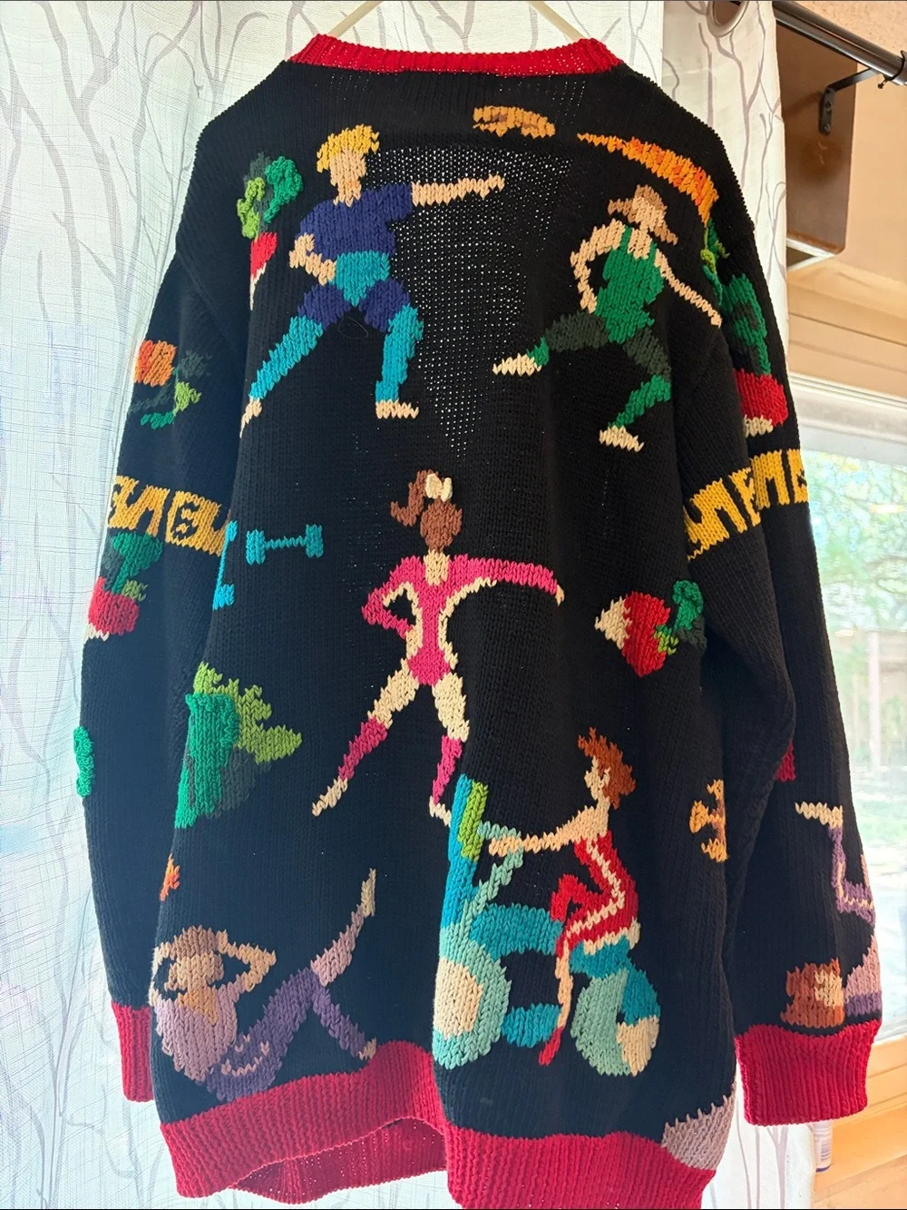 Vintage Berek Black Knit Cardigan Sweater with Bold Multicolor Athletic Motifs